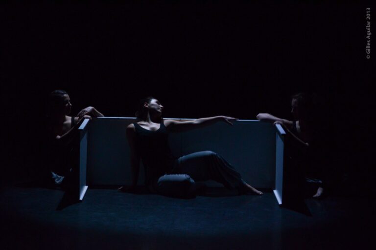 Photo de trois danseuse, l'une d'elle se trouve au milieu du cliché et la lumière est pointée sur elle, les deux autres danseuse sont misent à l'ombre et l'observe, une photo prise lors d'une représentation de White Noise Une création origianel de la Cie Mouvementé Danse.